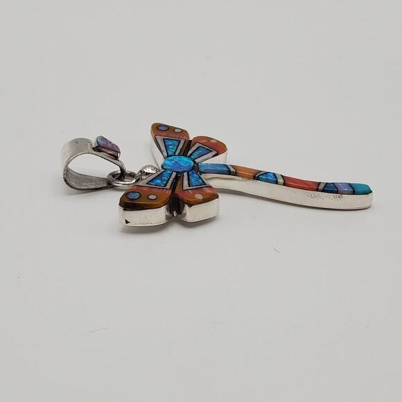 Dragonfly Blue Opal Orange Gemstone Micro Inlay Sterling Silver Pendant - Picture 3 of 7